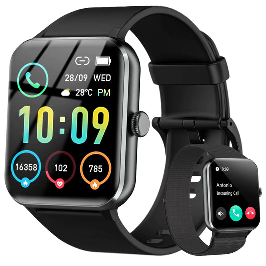 IOWODO Smart Watch(Answer/Make Call) 1.85" Smartwatch for Men Women 100+ Sport Modes Pedometer IP68 Waterproof Fitness Tracker Heart Rate/Sleep Monitor Smart Watches for Android & iOS (2 Straps)